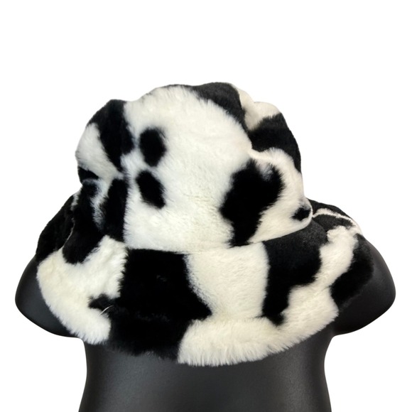 Accessories - Cow Print Faux Fur Bucket Hat Black White Fuzzy Adjustable Winter Sun Hat